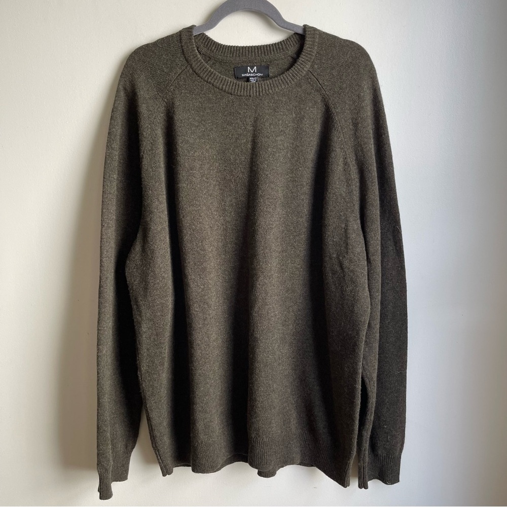 Magaschoni Men's Lambswool Sweater Olive Green Crew Neck Wool Warm 2XL  XXL T